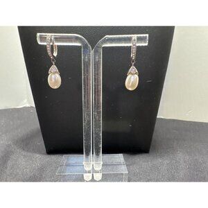Elegant Sterling Silver Pearl Drop Huggie Earrings With Cubic Zirconia Accents